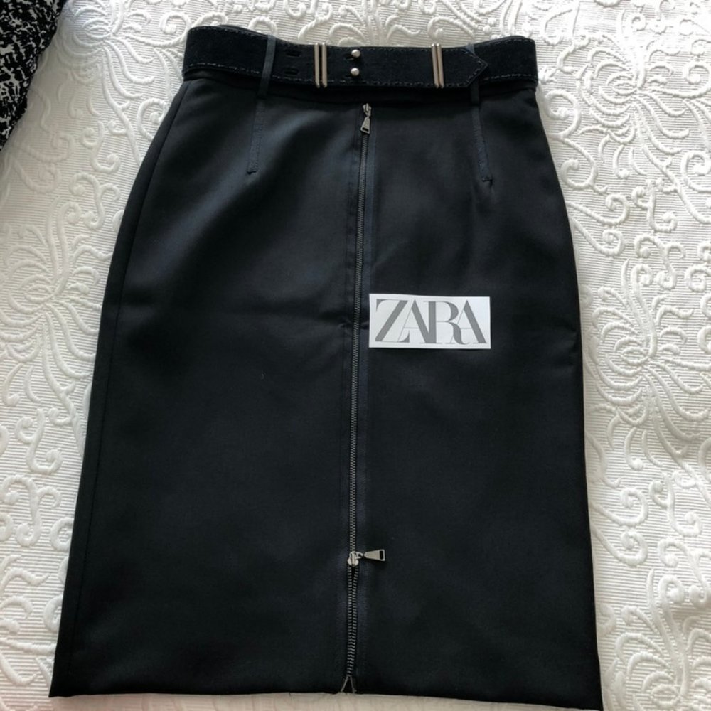 ZARA Stretch Gabardine Woven Zipper Belted Pencil Midi Skirt 2 XS 7736/764/300